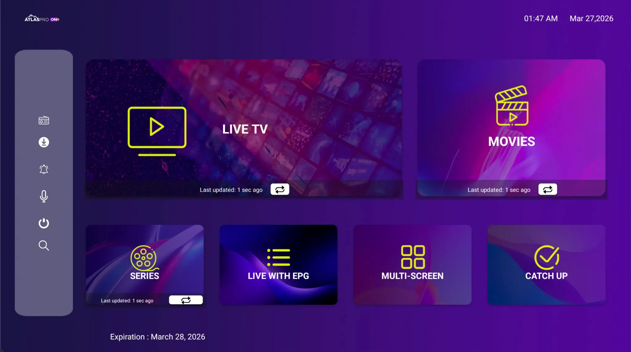 Interface Atlas Pro avec catégories Live TV, Movies, Series, EPG, Multi-screen et Catch-up.